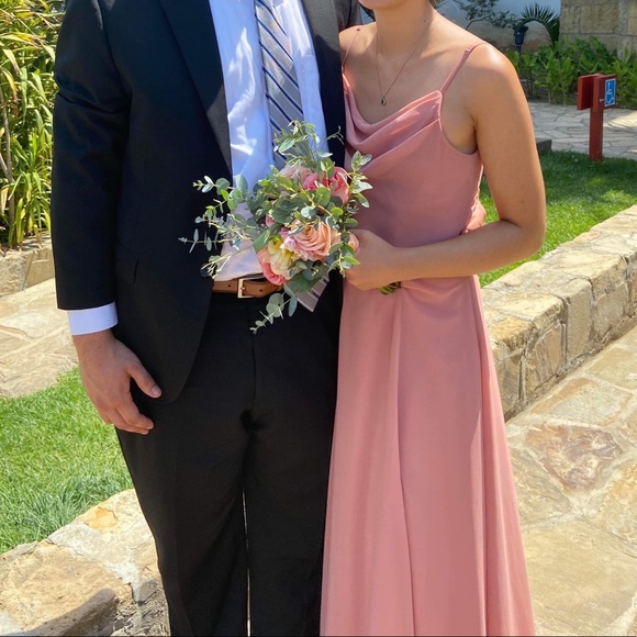 HEMMED David's Bridal Desert Coral Cowl Neck Chiffon Dress - Picture 4 of 4